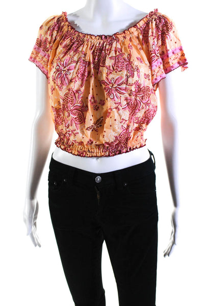 Poupette St. Barth Womens Floral Print Ruched Short Sleeve Blouse Orange Size M