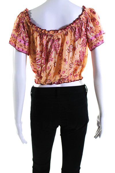 Poupette St. Barth Womens Floral Print Ruched Short Sleeve Blouse Orange Size M