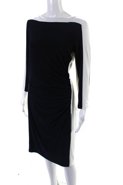 Lauren Ralph Lauren Womens Navy White Color Block Ruched Bodycon Dress Size 14