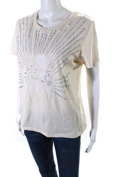 Maje Womens Beige Bedazzled Graphic Print Short Sleeve Tee Top Size 1