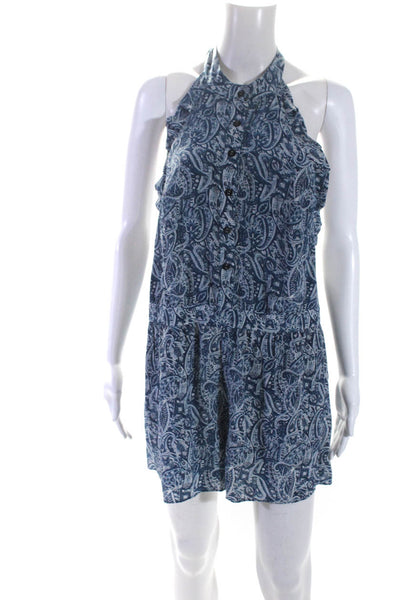 Intermix Womens Silk Abstract Print Pleated Zip Up Halter Romper Blue Size S