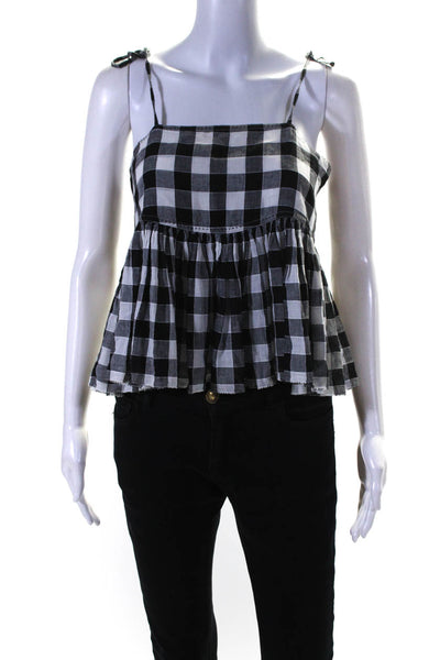 The Great Womens Linen Blend Check Print Pullover Peplum Tank Top Black Size 0