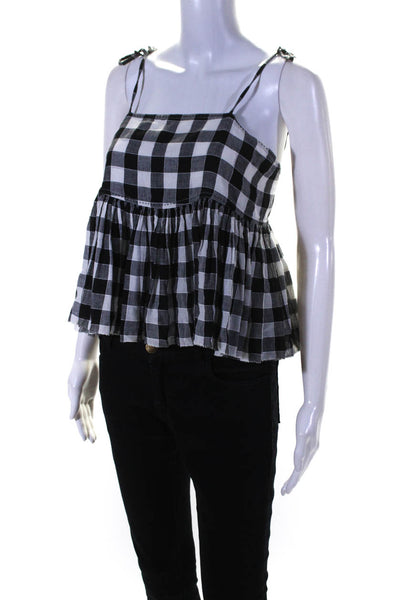 The Great Womens Linen Blend Check Print Pullover Peplum Tank Top Black Size 0