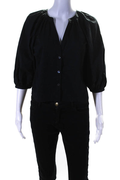 Staud Womens Cotton V-Neck Long Sleeve Button Up Blouse Top Black Size XS