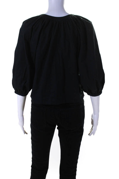 Staud Womens Cotton V-Neck Long Sleeve Button Up Blouse Top Black Size XS