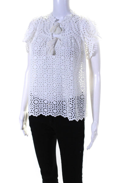 Ulla Johnson Womens Cotton Embroidered Cut Out V-Neck Blouse Top White Size 0