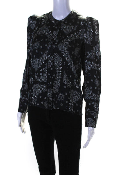 The Westside Womens Silk Blend Abstract Print Button Up Blouse Top Black Size XS
