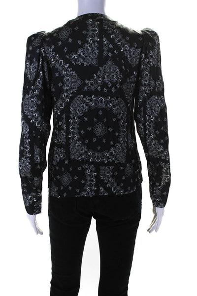 The Westside Womens Silk Blend Abstract Print Button Up Blouse Top Black Size XS