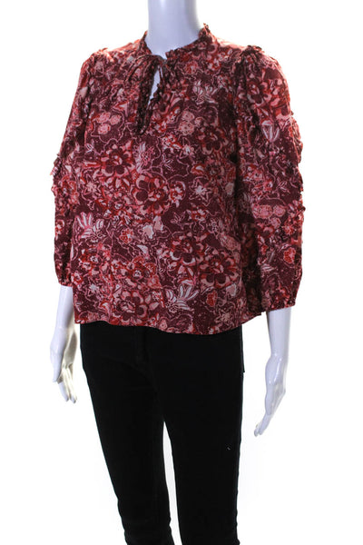 Ulla Johnson Womens Cotton Blend Floral Print Long Sleeve Blouse Top Red Size 0