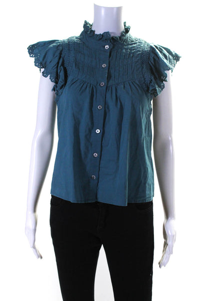 Sea New York Womens Cotton Embroidered Short Sleeve Blouse Top Blue Size XS