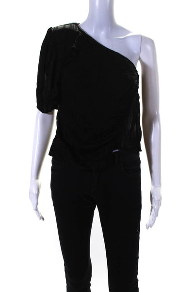 IRO Womens Semi Sheer Short Sleeve Zip Up One Shoulder Blouse Top Black Size 34