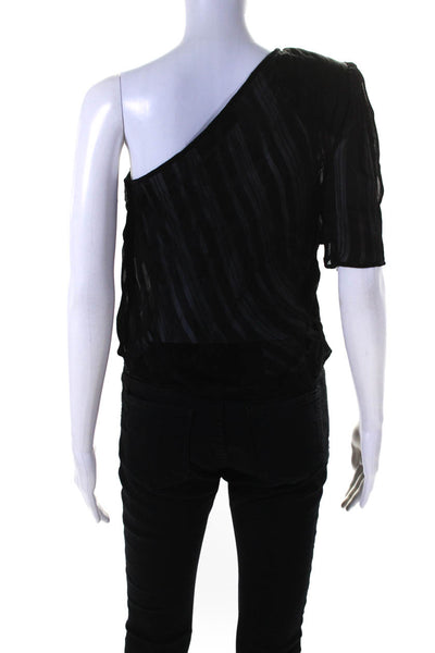 IRO Womens Semi Sheer Short Sleeve Zip Up One Shoulder Blouse Top Black Size 34