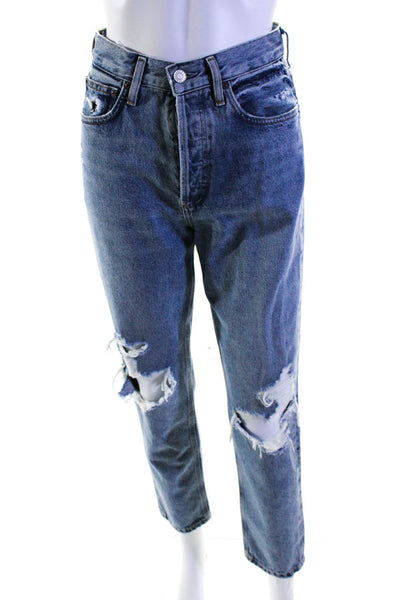 Agolde Womens Cotton Light Washed Distress Straight Leg Jeans Blue Size EUR24