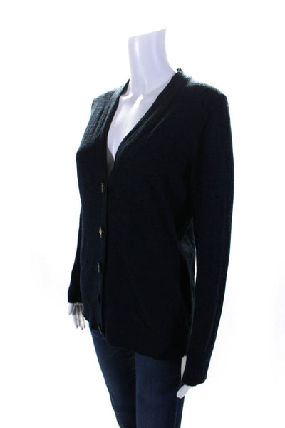 Tory Burch Womens Logo Button Front V Neck Cardigan Sweater Navy Wool Size XL