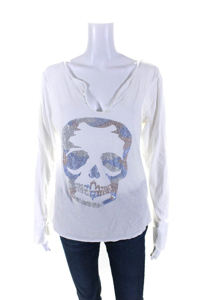 Zadig & Voltaire Womens Long Sleeve Strass Skull Tee Shirt White Cotton Large