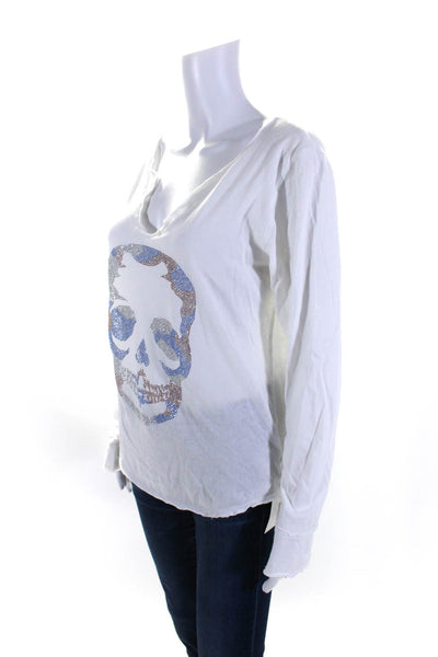 Zadig & Voltaire Womens Long Sleeve Strass Skull Tee Shirt White Cotton Large