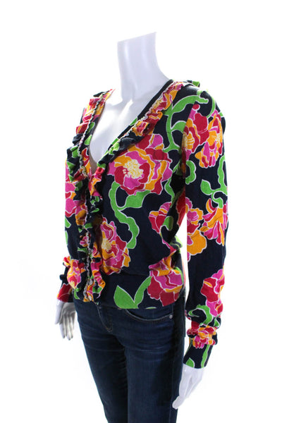 Lilly Pulitzer Womens Ruffled Floral Printed Cardigan Sweater Black Multi Medium