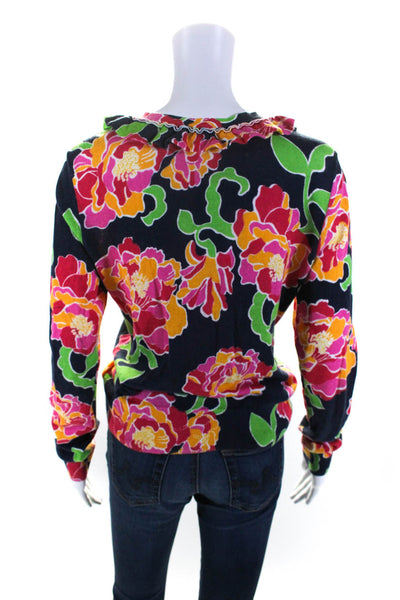 Lilly Pulitzer Womens Ruffled Floral Printed Cardigan Sweater Black Multi Medium