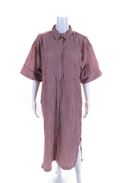 Designer Womens Red Cotton Striped Collar Short Sleeve Shift Dress Size 34