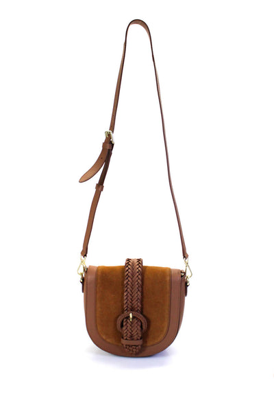 Boden Womens Leather Woven Flap Buckle Crossbody Shoulder Handbag Brown
