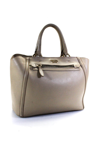 Prada Grained Leather Double Handle Zip Pocket Large Frame Shoulder Handbag Tan