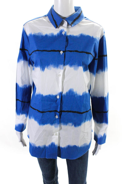 Piazza Sempione Womens Button Front Collared Shirt Blue White Cotton Size IT 46