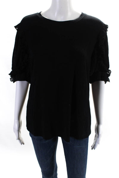 Elie Tahari Womens Pleated Ruffled Short Sleeve Scoop Neck Shirt Black Large