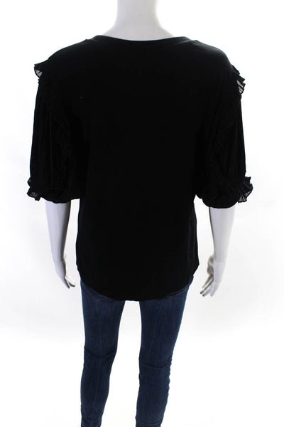 Elie Tahari Womens Pleated Ruffled Short Sleeve Scoop Neck Shirt Black Large