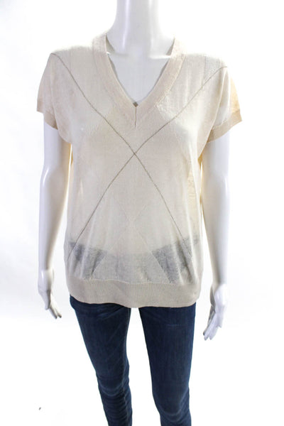 Peserico Womens Short Sleeve V Neck Beaded Linen Knit Tee Shirt White Medium