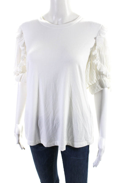 Elie Tahari Womens Pleated Ruffled Short Sleeve Scoop Neck Shirt White Large