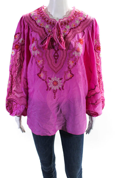 Kobi Halperin Womens Long Sleeve Eyelet Embroidered Keyhole Top Pink Size Medium