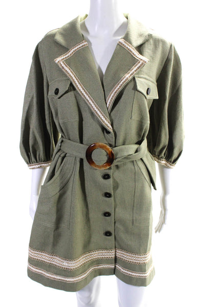 PatBO Womens Button Front Notched Lapel Belted Dress Green Brown Size Large