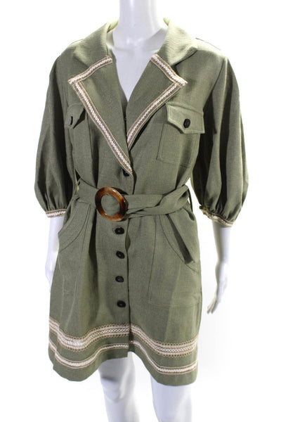 PatBO Womens Button Front Notched Lapel Belted Dress Green Brown Size Large