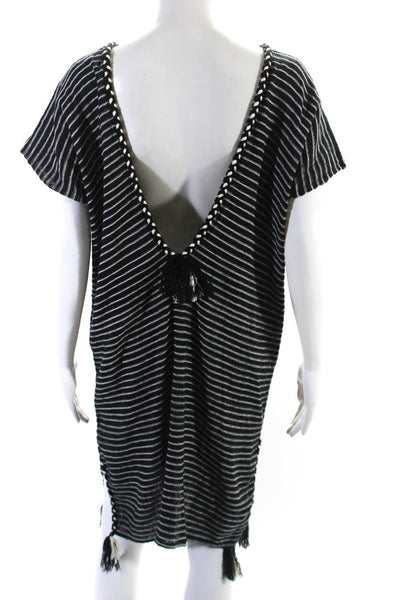 Jaline Womens Short Sleeve Knit Striped Cover Up Dress Black White One Size