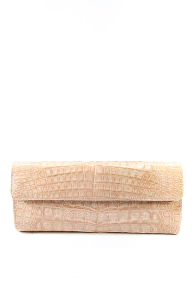 Lai Womens Snap Flap Crocodile Skin Clutch Handbag Brown