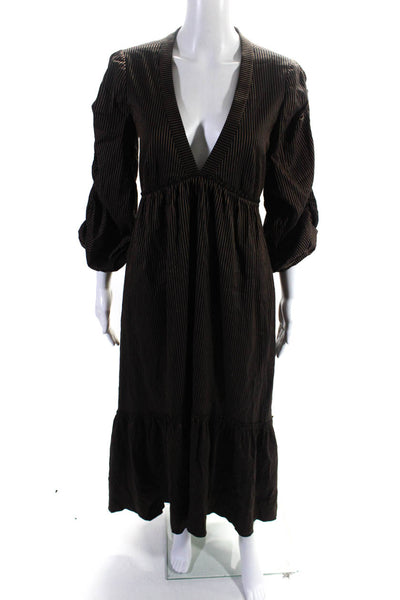 La Ligne Womens Striperd Side Zip V Neck Dress Brown Black Size Medium