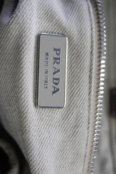Prada Womens Double Handle Front Logo Tote Canvas Leather Beige Medium