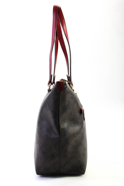 Coach Womens Brown Leather Printed Zip Pockets Zip Large Tote Bag Handbag