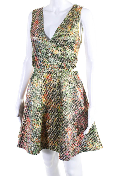 Alice + Olivia Womens V-Neck Sleeveless Cut-Out Metallic Flare Mini Dress Size 1