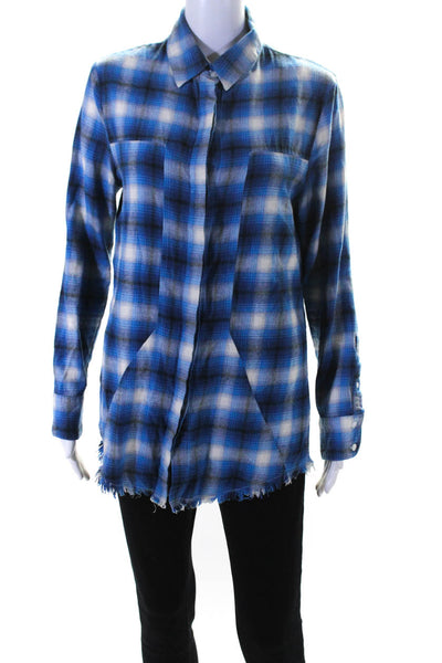 R+A Womens Cotton Plaid Print Fringed Hem Buttoned Long Sleeve Top Blue Size S