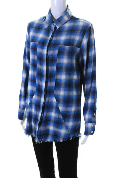 R+A Womens Cotton Plaid Print Fringed Hem Buttoned Long Sleeve Top Blue Size S