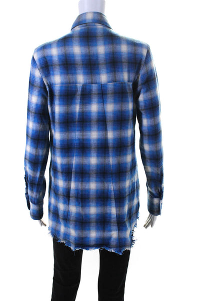 R+A Womens Cotton Plaid Print Fringed Hem Buttoned Long Sleeve Top Blue Size S