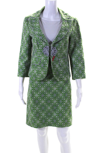 Nanette Lepore Womens Embroidered Canvas Skirt Suit Set Green Size 10