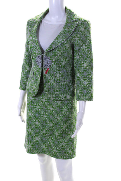 Nanette Lepore Womens Embroidered Canvas Skirt Suit Set Green Size 10