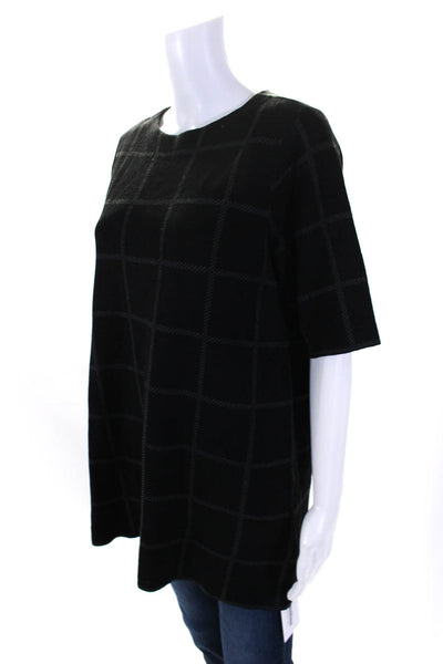 Eileen Fisher Womens Linen Window Pane Plaid Sweater Black Size Medium