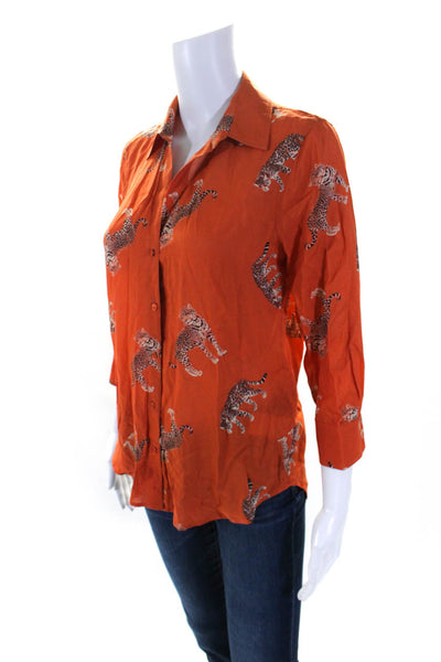 L'Agence Womens Tiger Print Button Down Shirt Orange Size Extra Small