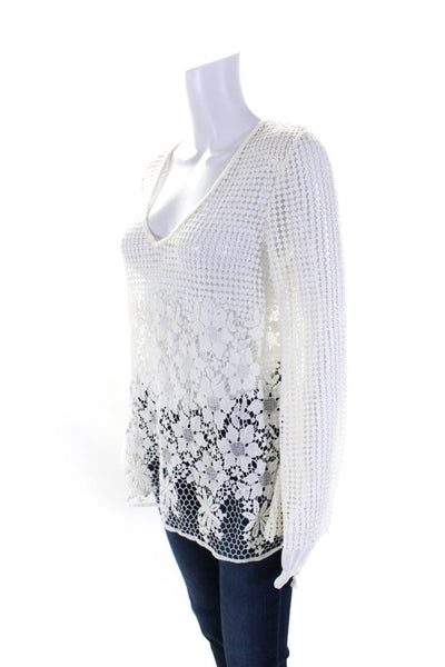 Elie Tahari Womens Crochet Long Sleeves V Neck Blouse White Size Medium