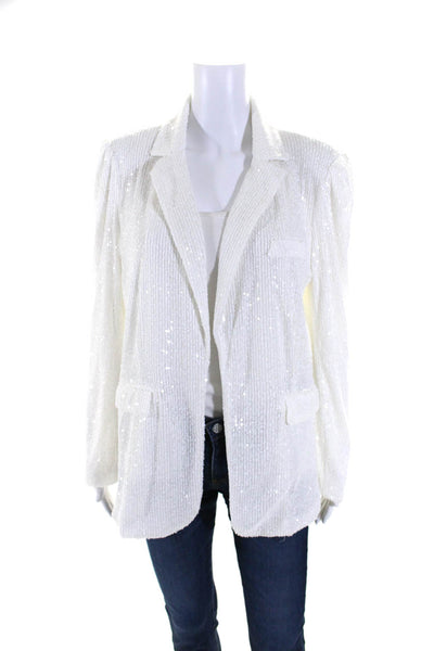 Sans Souci Womens Sequined Textured Open Front Long Sleeve Blazer White Size L