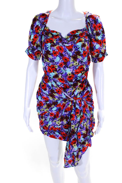For Love & Lemons Womens Square Neck Floral Satin Sheath Dress Red Purple Small