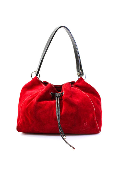 Kate Spade Womens Drawstring Suede Shoulder Bag Tote Handbag Red Black
